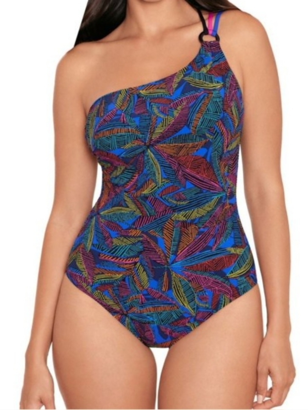 NWT Miraclesuit Skinnydippers Black & Colorful Tropical Print Swimsuit Size XL